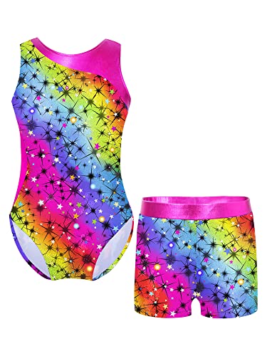 YiZYiF Mädchen Turnanzug Glänzend Gymnastik Leotards Ballett Trikot Tanz Body mit Shorts Kurze Hose Sport Overall Yoga Set Wettbewerb Tanzkostüm A_Sternen&Regenbogen 110-116/5-6 Jahre von YiZYiF