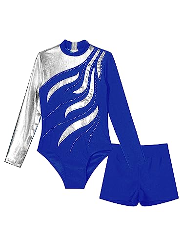 YiZYiF Mädchen Turnanzug Kinder Langarm Gymnastik Trikot Gymnastik Shorts Set Ballett Body Turnshorts Set Sport Tanzoutfit Trainingsanzug Königsblau_E 122-128 von YiZYiF