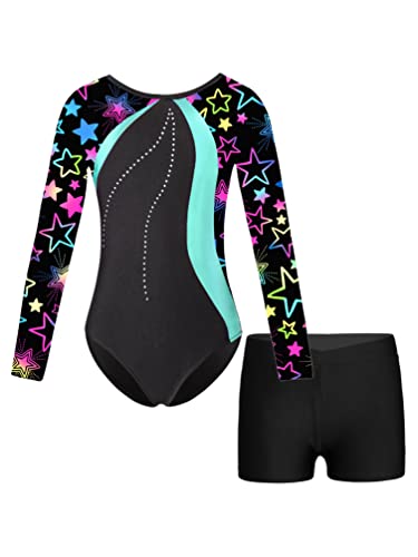 YiZYiF Mädchen Turnanzug Langarm Gymnastikanzug Zweiteiliger Tanzbody Turn-Trikot Gymnastik Shorts Set Ballettkleidung H_Schwarz-Sterne 134-140/9-10 Jahre von YiZYiF