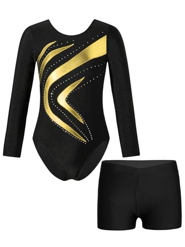 YiZYiF Mädchen Turnanzug Langarm Metallic-Kurvenmuster Trikot Gymnastik Shorts Set Kinder Ballett Tanzoutfit Wettbewerb Trainingsanzug Gold 158-164 von YiZYiF