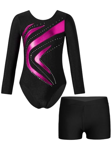 YiZYiF Mädchen Turnanzug Langarm Metallic-Kurvenmuster Trikot Gymnastik Shorts Set Kinder Ballett Tanzoutfit Wettbewerb Trainingsanzug Hotpink 134-140 von YiZYiF