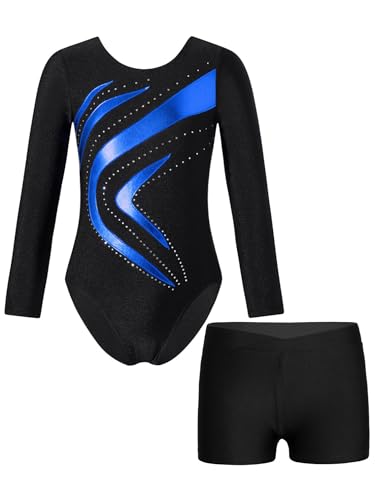 YiZYiF Mädchen Turnanzug Langarm Metallic-Kurvenmuster Trikot Gymnastik Shorts Set Kinder Ballett Tanzoutfit Wettbewerb Trainingsanzug Königsblau 146-152 von YiZYiF