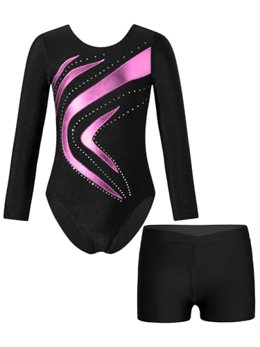 YiZYiF Mädchen Turnanzug Langarm Metallic-Kurvenmuster Trikot Gymnastik Shorts Set Kinder Ballett Tanzoutfit Wettbewerb Trainingsanzug Rosa 122-128 von YiZYiF