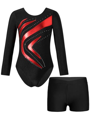 YiZYiF Mädchen Turnanzug Langarm Metallic-Kurvenmuster Trikot Gymnastik Shorts Set Kinder Ballett Tanzoutfit Wettbewerb Trainingsanzug Rot 158-164 von YiZYiF