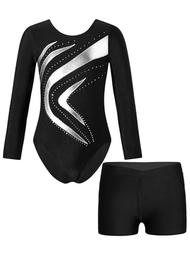 YiZYiF Mädchen Turnanzug Langarm Metallic-Kurvenmuster Trikot Gymnastik Shorts Set Kinder Ballett Tanzoutfit Wettbewerb Trainingsanzug Silber 122-128 von YiZYiF