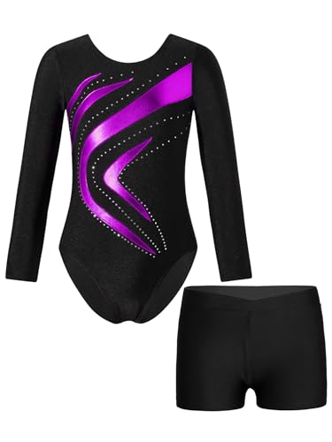 YiZYiF Mädchen Turnanzug Langarm Metallic-Kurvenmuster Trikot Gymnastik Shorts Set Kinder Ballett Tanzoutfit Wettbewerb Trainingsanzug Violett 146-152 von YiZYiF