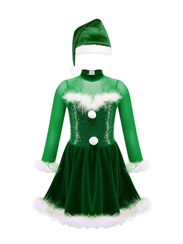 YiZYiF Mädchen Weihnachtskleid Glitzer Pailletten Kleid Und Weihnachtsmütze Set Kinder Tanzkleid Weihnachtsfeier Party Outfit Gr. 110-170 Grün 134-140 von YiZYiF
