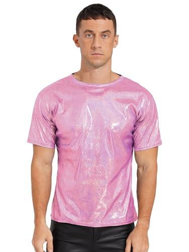 YiZYiF Männer Herren Metallic Glänzend T-Shirt Unterhemd 80er 70er Disco Party Kostüm Bronzing Festival Nachtclub Oberteil Kurzarm/Langarm Rosa J L von YiZYiF