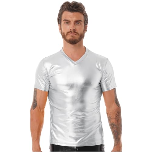 YiZYiF Männer Herren Metallic Glänzend T-Shirt Unterhemd 80er 70er Disco Party Kostüm Bronzing Festival Nachtclub Oberteil Kurzarm/Langarm Silber C XL von YiZYiF