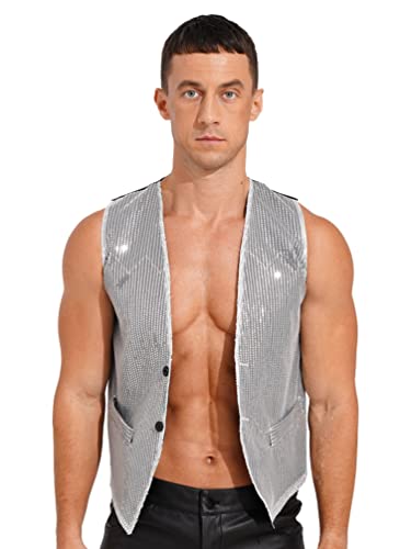 YiZYiF Pailetten Weste Glitzer Weste Herren Damen Kostüm Disco Karneval Mottoparty Kostüm Weste Zubehör Silber_B L von YiZYiF