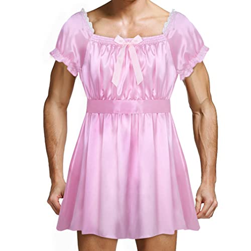 YiZYiF Satin Sissy Männer Kleid Negligee Dessous Babydoll Lingerie Nachtwäsche Kleid für Herren Reizwäsche Sleepwear Kleid Rosa XXL von YiZYiF