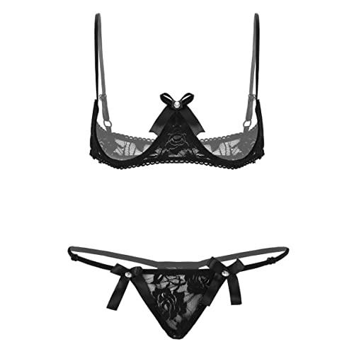 YiZYiF Sexy Dessous Set Damen Spitze Unterwäsche Brustfrei BH Büstenhebe und Ouvert-Slip Panties Lingerie Negligee Durchsichtig Reizwäsche Schwarz XXL von YiZYiF