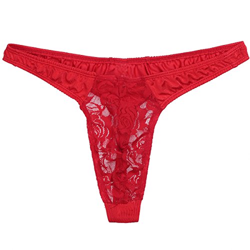 YiZYiF Transparent Herren Slips Mesh mit Spitze Rüsche Thong Männer Unterwäsche Tanga Lingerie (Rot) von YiZYiF