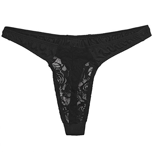 YiZYiF Transparent Herren Slips Mesh mit Spitze Rüsche Thong Männer Unterwäsche Tanga Lingerie (Schwarz) von YiZYiF