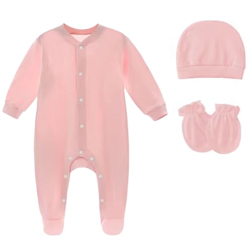 YiZYiF Unisex Neugeborene Baby Bekleidung Set Langarmbody Mit Fuss Mütze Und Handschuhen 3er Babyset Rosa 62-68 von YiZYiF