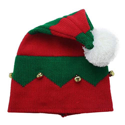 YiZYiF Weihnachtliche Elfenmütze mit Glöckchen für Kinder gestreift Wichtelmütze Weihnachtself Beanie Weihnachtsmütze für Xmas Party Zubehör Rot&Grün One Size von YiZYiF