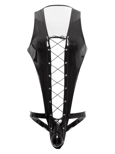 YiZYiF Wetlook Männer Catsuit Ouvert Mit Ausbuchtung Herren Stringbody Lack PU Leder Body Mit Schnürung Schwarz XXL von YiZYiF