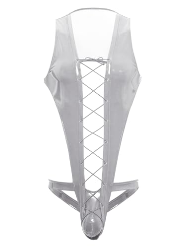 YiZYiF Wetlook Männer Catsuit Ouvert Mit Ausbuchtung Herren Stringbody Lack PU Leder Body Mit Schnürung Silber L von YiZYiF