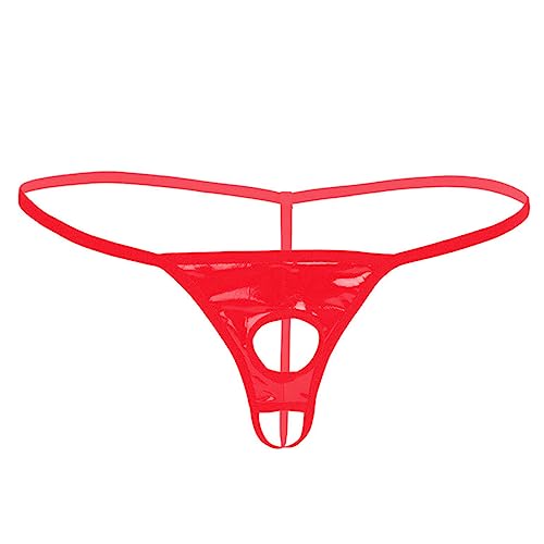 YiZYiF Wetlook Männer Tanga G-String Unterwäsche Bikini Slips Lackleder Herren String Beutel Thong mit Penis Loch Rot L von YiZYiF