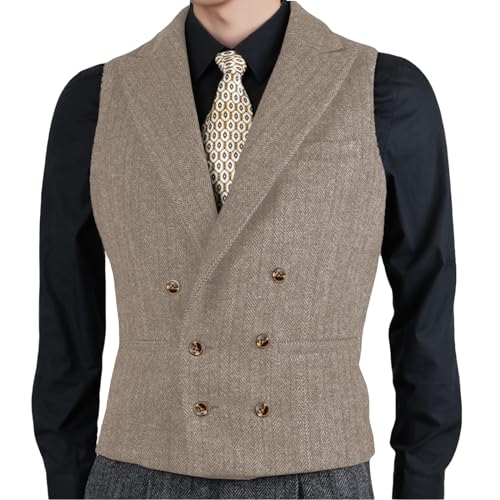 Yiaisafa AnzugWeste Für Herren Zweireihig Tweed Weste Party Fischgrätmuster Vintage Wollen Herringbone Retro Hochzeit Jagd(Champagner,XXL) von Yiaisafa