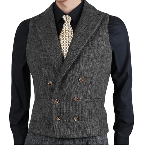 Yiaisafa AnzugWeste Für Herren Zweireihig Tweed Weste Party Fischgrätmuster Vintage Wollen Herringbone Retro Hochzeit Jagd(Grau,M) von Yiaisafa