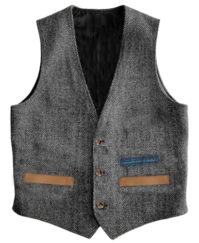 Yiaisafa Anzugwesten Für Herren Tweed Weste Fischgrätmuster Jagd Wollen Herringbone Retro Vintage Hochzeit Bräutigam(Grau,M) von Yiaisafa