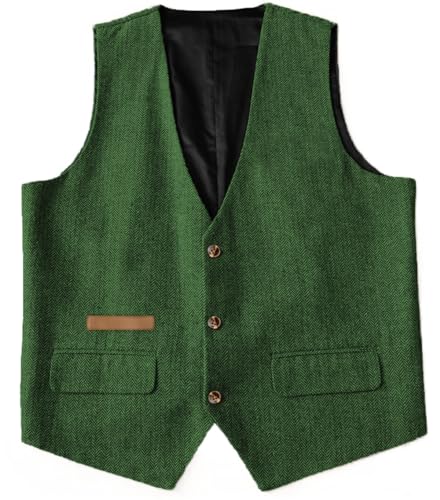 Yiaisafa Business Herren Anzug Weste Fischgrätmuster Herringbone Tweed Retro Westen Wollen Vintage Für Hochzeit Bräutigam(Grün,XL) von Yiaisafa
