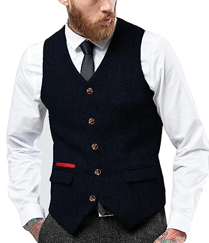 Yiaisafa Business Herren Jaged Anzug Tweed Weste Retro Herringbone Weste Vintage Gilet Wollen Westen Hochzeit Bräutigam(Marine,M) von Yiaisafa