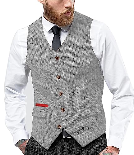 Yiaisafa Business Herren Jaged Anzug Tweed Weste Retro Herringbone Weste Vintage Gilet Wollen Westen Hochzeit Bräutigam(Silber,L) von Yiaisafa