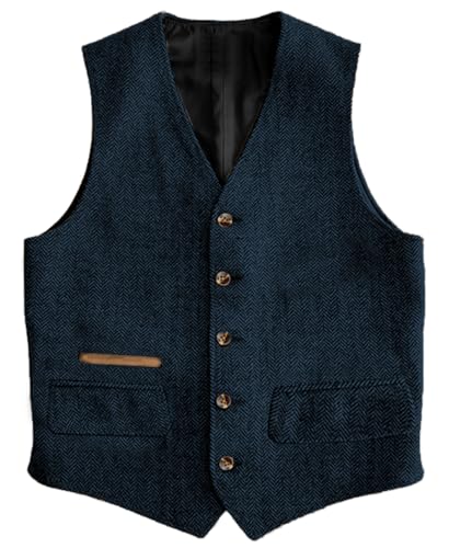 Yiaisafa Business Herren Tweed Anzug Weste Herringbone Jagd Weste Vintage Retro Wollen Hochzeit Bräutigam Gilet S-3XL(Blau Marine,XXXL) von Yiaisafa