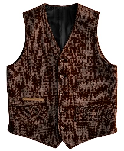 Yiaisafa Business Herren Tweed Anzug Weste Herringbone Jaged Weste Vintage Retro Wollen Hochzeit Bräutigam Gilet S-3XL(Braun,XXL) von Yiaisafa