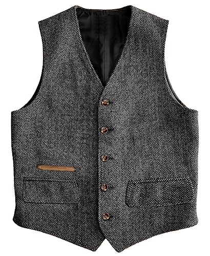 Yiaisafa Business Herren Tweed Anzug Weste Herringbone Jaged Weste Vintage Retro Wollen Hochzeit Bräutigam Gilet S-3XL(Grau,M) von Yiaisafa