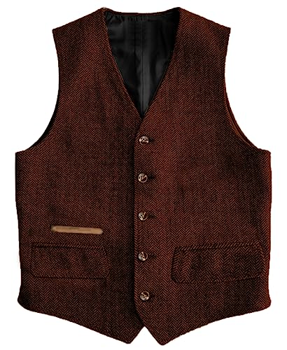 Yiaisafa Business Herren Tweed Anzug Weste Herringbone Jaged Weste Vintage Retro Wollen Hochzeit Bräutigam Gilet S-3XL(Orange,XXL) von Yiaisafa