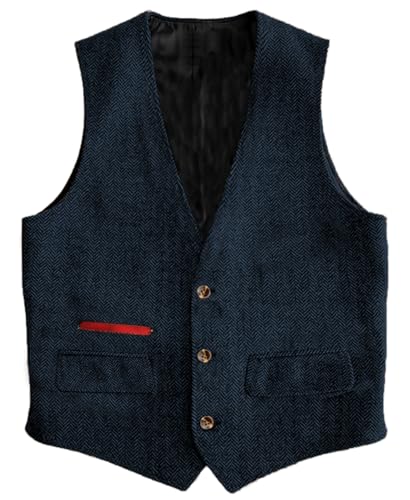Yiaisafa Business Herren Tweed Weste Jagd Herringbone Anzug Weste Vintage Retro Wollen Hochzeit Bräutigam Gilet S-3XL(Blau Marine,XXL) von Yiaisafa