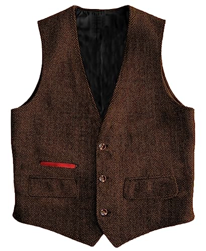 Yiaisafa Business Herren Tweed Weste Jagd Herringbone Anzug Weste Vintage Retro Wollen Hochzeit Bräutigam Gilet S-3XL(Braun,XL) von Yiaisafa