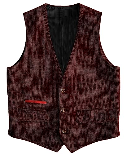 Yiaisafa Business Herren Tweed Weste Jagd Herringbone Anzug Weste Vintage Retro Wollen Hochzeit Bräutigam Gilet S-3XL(Burgund,XL) von Yiaisafa
