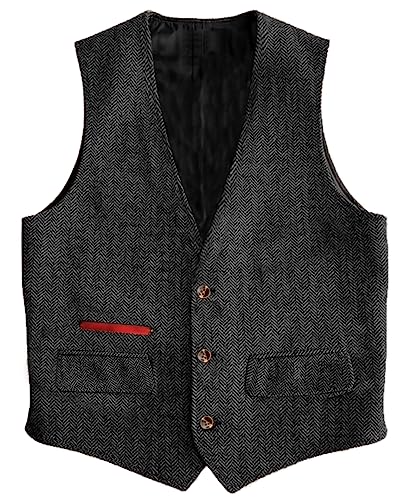 Yiaisafa Business Herren Tweed Weste Jagd Herringbone Anzug Weste Vintage Retro Wollen Hochzeit Bräutigam Gilet S-3XL(Grau,XL) von Yiaisafa