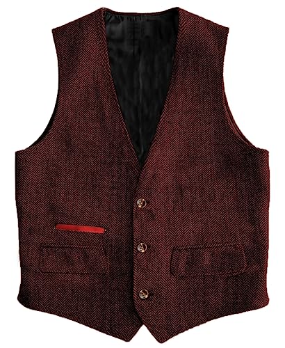 Yiaisafa Business Herren Tweed Weste Jaged Herringbone Anzug Weste Vintage Retro Wollen Hochzeit Bräutigam Gilet S-3XL(Burgund,L) von Yiaisafa