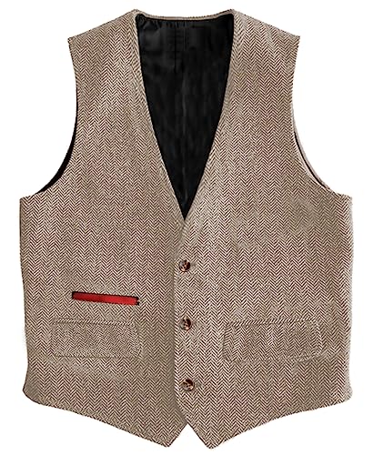 Yiaisafa Business Herren Tweed Weste Jaged Herringbone Anzug Weste Vintage Retro Wollen Hochzeit Bräutigam Gilet S-3XL(Champagner,L) von Yiaisafa