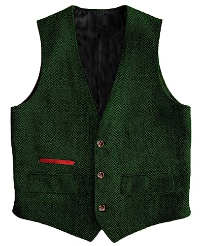 Yiaisafa Business Herren Tweed Weste Jagd Herringbone Anzug Weste Vintage Retro Wollen Hochzeit Bräutigam Gilet S-3XL(Grün,XXXL) von Yiaisafa