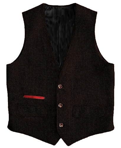 Yiaisafa Business Herren Tweed Weste Jaged Herringbone Anzug Weste Vintage Retro Wollen Hochzeit Bräutigam Gilet S-3XL(Kaffee,L) von Yiaisafa