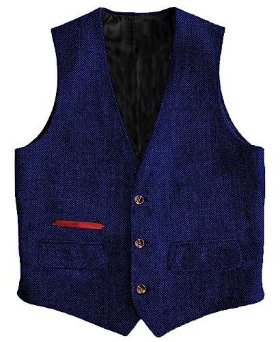 Yiaisafa Business Herren Tweed Weste Jaged Herringbone Anzug Weste Vintage Retro Wollen Hochzeit Bräutigam Gilet S-3XL(Königsblau,XXL) von Yiaisafa