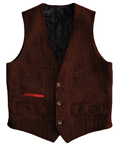 Yiaisafa Business Herren Tweed Weste Jaged Herringbone Anzug Weste Vintage Retro Wollen Hochzeit Bräutigam Gilet S-3XL(Orange,XXL) von Yiaisafa