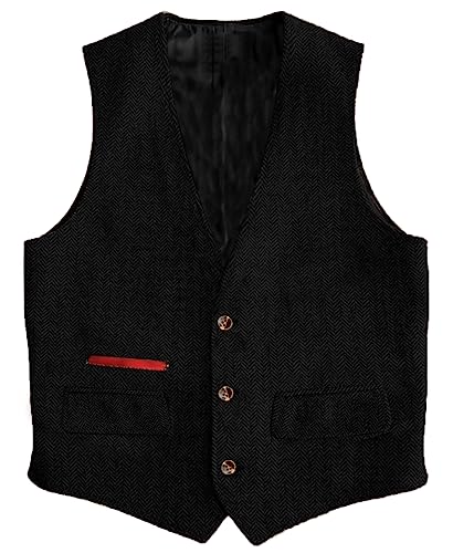 Yiaisafa Business Herren Tweed Weste Jaged Herringbone Anzug Weste Vintage Retro Wollen Hochzeit Bräutigam Gilet S-3XL(Schwarz,L) von Yiaisafa