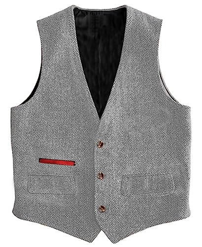 Yiaisafa Business Herren Tweed Weste Jaged Herringbone Anzug Weste Vintage Retro Wollen Hochzeit Bräutigam Gilet S-3XL(Silber,M) von Yiaisafa