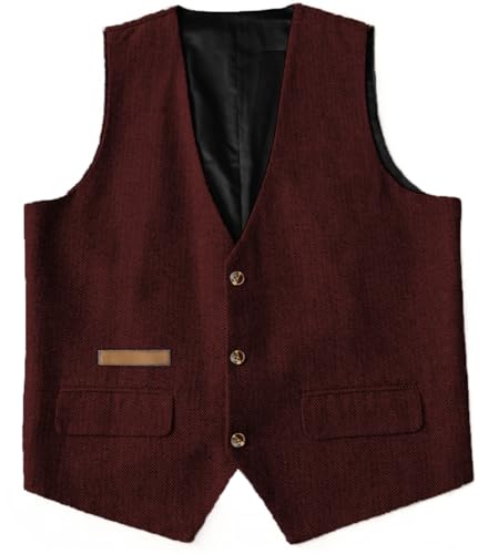 Yiaisafa Business Weste Herren Herringbone Tweed Retro Westen Gilet Jaged Wollen Vintage Hochzeit Bräutigam S-3XL(Burgund,XXXL) von Yiaisafa