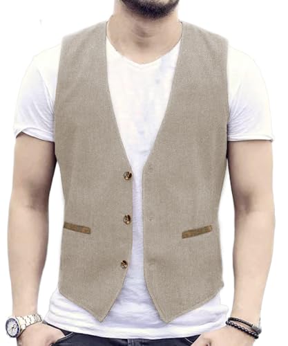 Yiaisafa Business Weste Herren Schwarz Herringbone Tweed Westen Gilet Jaged Wollen Retro Vintage Hochzeit Bräutigam S-3XL(Champagner,XL) von Yiaisafa