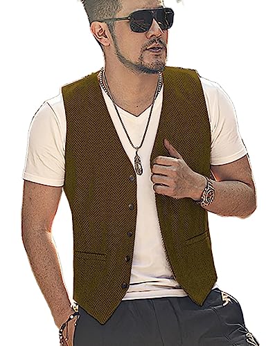 Yiaisafa Casual Jagd Herren Anzug Weste Herringbone Tweed Weste Vintage Retro Wollen Hochzeit Bräutigam Gilet S-3XL(Braun,L) von Yiaisafa