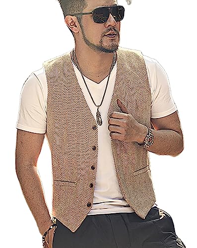 Yiaisafa Casual Jagd Herren Anzug Weste Herringbone Tweed Weste Vintage Retro Wollen Hochzeit Bräutigam Gilet S-3XL(Champagner,XL) von Yiaisafa