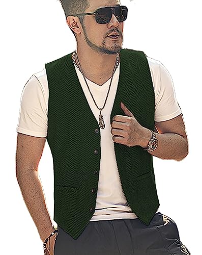 Yiaisafa Casual Jagd Herren Anzug Weste Herringbone Tweed Weste Vintage Retro Wollen Hochzeit Bräutigam Gilet S-3XL(Dunkelgrün,XXXL) von Yiaisafa